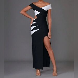 Black and White Asymmetrical Maxi Dress with Slit